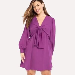ELOQUII Elements Purple Tie Front V-neck Midi Crepe Dress Plus Size 16